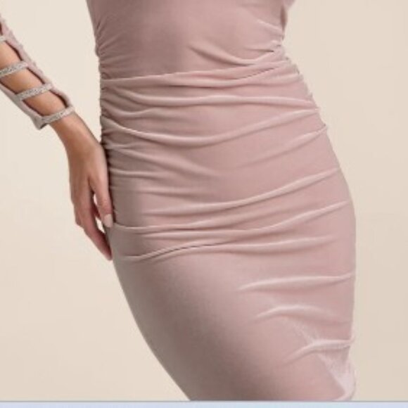 Rhinestone Strapply Sleeve Velvet Ruching Dress NWT - Picture 7 of 8